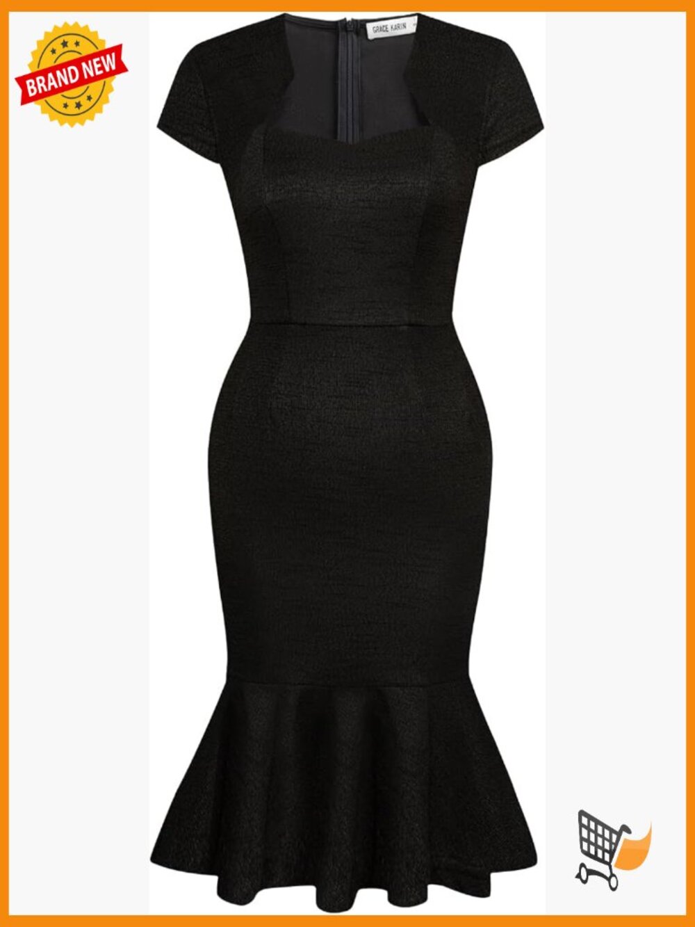 Cap Sleeve Fishtail Tweed Cocktail Bodycon Midi Dress, Slim Fit, Zip Back